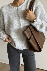Soft Gray Vintage Shell-Button Knit Cardigan