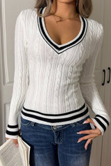 V Neck Striped Long Sleeve Slim Fit Knit Pullover Sweater