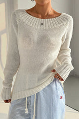 Solid Asymmetric Off-Shoulder Pullover Knit Top