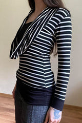 Fitted Striped Off Shoulder Long Sleeve Blouse