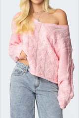 Solid Color V-Neck Cable-Knit Loose Sweater
