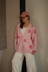 Fuzzy Daisy Jacquard Loose V-Neck Cardigan