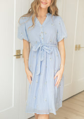 Blue Floral Embroidered V-Neck Midi Dress