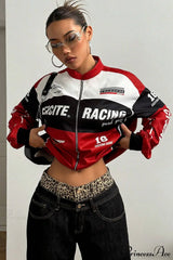Biker Zip Letter Contrast Long Sleeve Coat