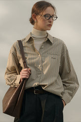 Vintage Color Block Stripe Collar Cotton Blouse