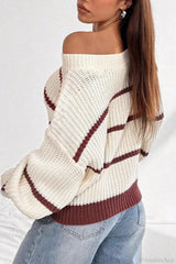 Chic Striped Off Shoulder Lantern Sleeve Knit Sweater