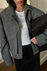 Herringbone Stand Collar Zip Pocket Coat