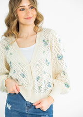 Long Sleeve Pointelle Embroidered Cardigan - FINAL SALE