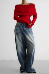 Off-Shoulder Fitted Long-Sleeve Knit Top