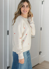 Red Heart Embroidered Knit Sweater