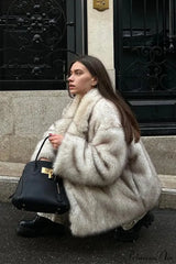 White Tip-Dyed Faux Fox Fur Mid-Length Coat