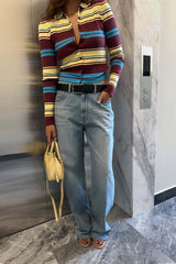 Button Front Stripe Retro Collar Slim Long Sleeve Knit Cardigan