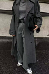 Double-Breasted Belted Slim-Fit Woolen Long Overcoat