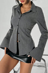 Button Striped Long Sleeve Shirt Cardigan Blouse