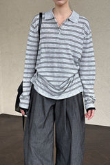 Soft Wool Striped Polo Collar Long Sleeve Long Sleeve Tee