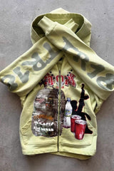 Graffiti Print Oversized Zipper Casual Hoodie