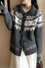Jacquard Collar Horn Button Retro Loose Knit Cardigan