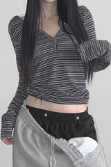 Hooded Striped Color Block Button V Neck Long Sleeve Blouse