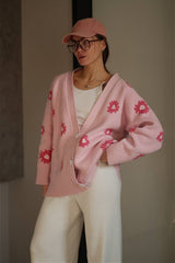 Fuzzy Daisy Jacquard Loose V-Neck Cardigan