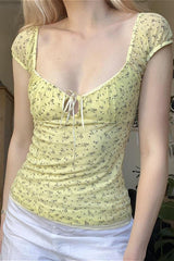 Vintage Cutout Tie Waist Yellow Floral Blouse