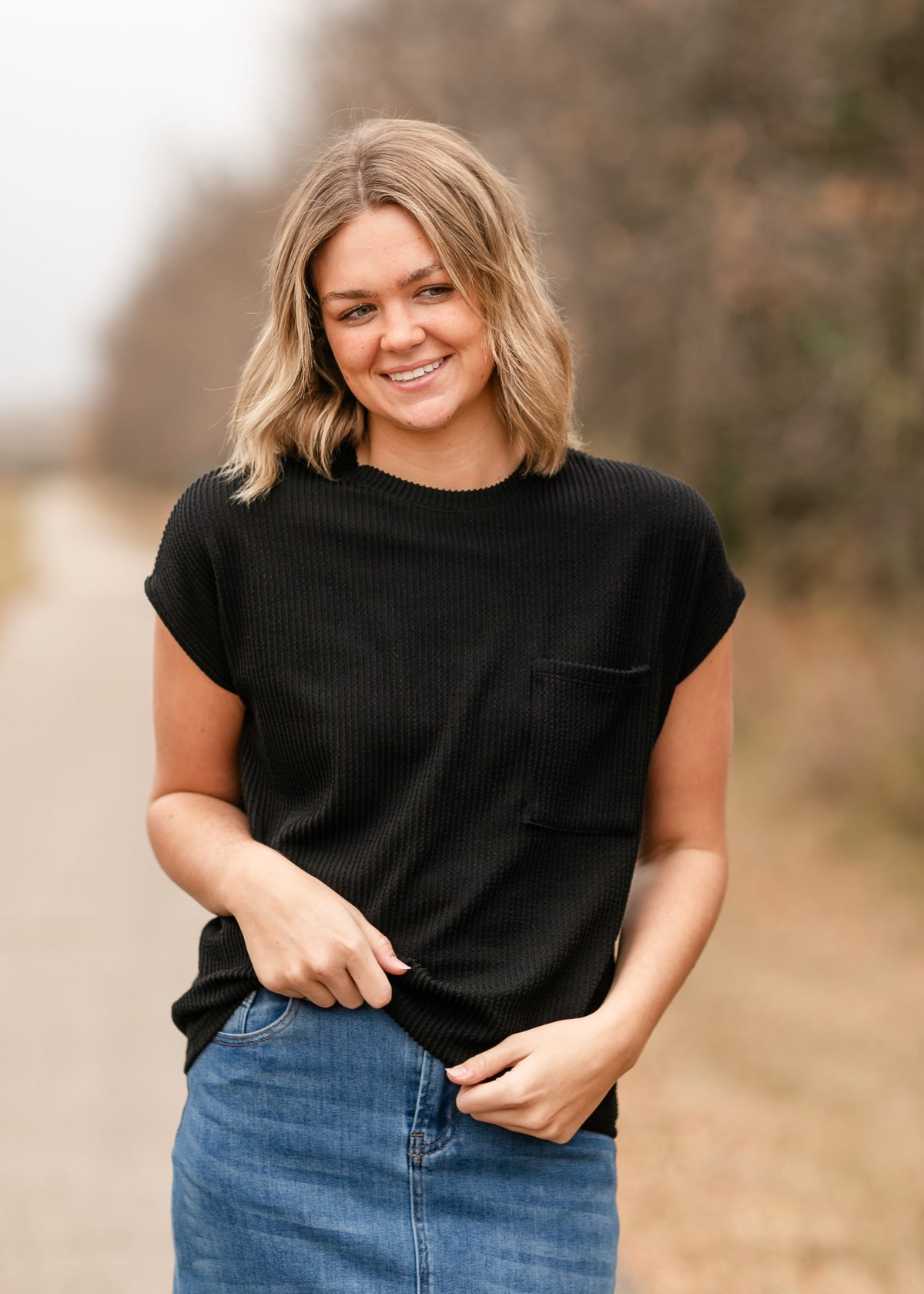 Cori Ribbed Short Sleeve Front Pocket Top - FINAL SALE