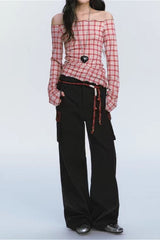 Off Shoulder Red Checkered Long Sleeve Blouse
