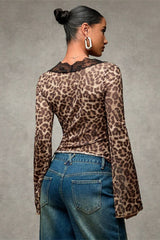Lace Paneled Leopard Print Ruffled Cardigan Blouse
