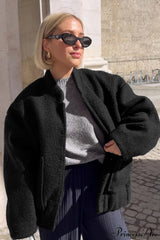 Loose Stand Collar Textured Wool Casual Coat
