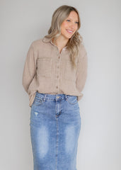 Maelia Distressed Light Wash Midi Skirt - FINAL SALE