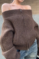 Retro Zip Off-Shoulder Slim-Fit One-Size Knit Cardigan
