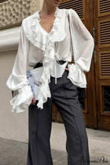 Ruffled V-Neck Long-Sleeve Tie-Waist French Blouse