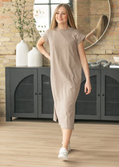 Taupe Cap Sleeve T-shirt Midi Dress